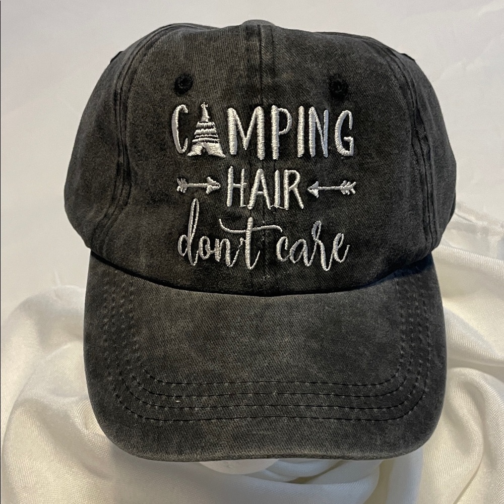 Black 'Camping Hair Don't Care' Cap